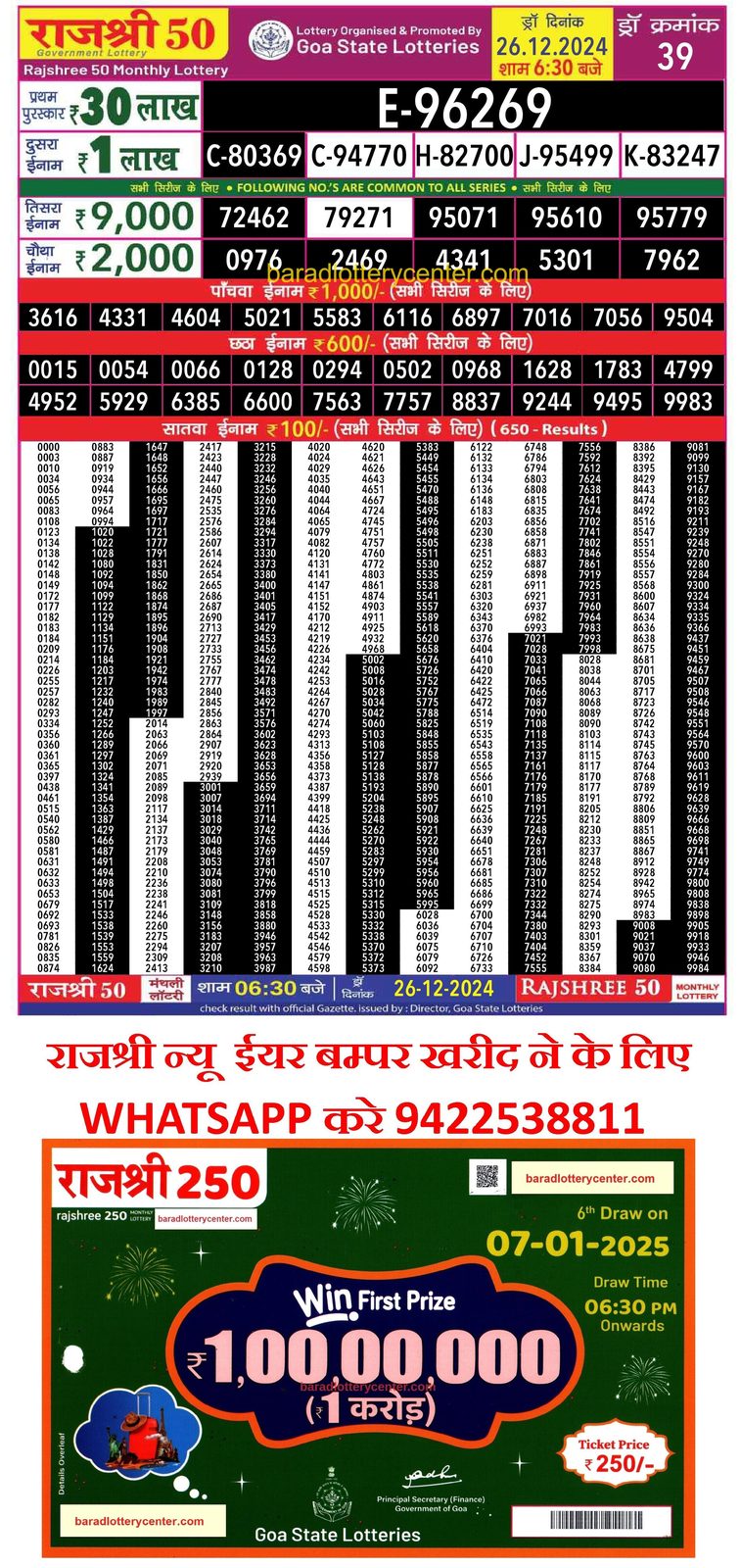 Rajshree 50 Monthly Lottery Result Draw Date 26-12-24 6-30PM lottery result